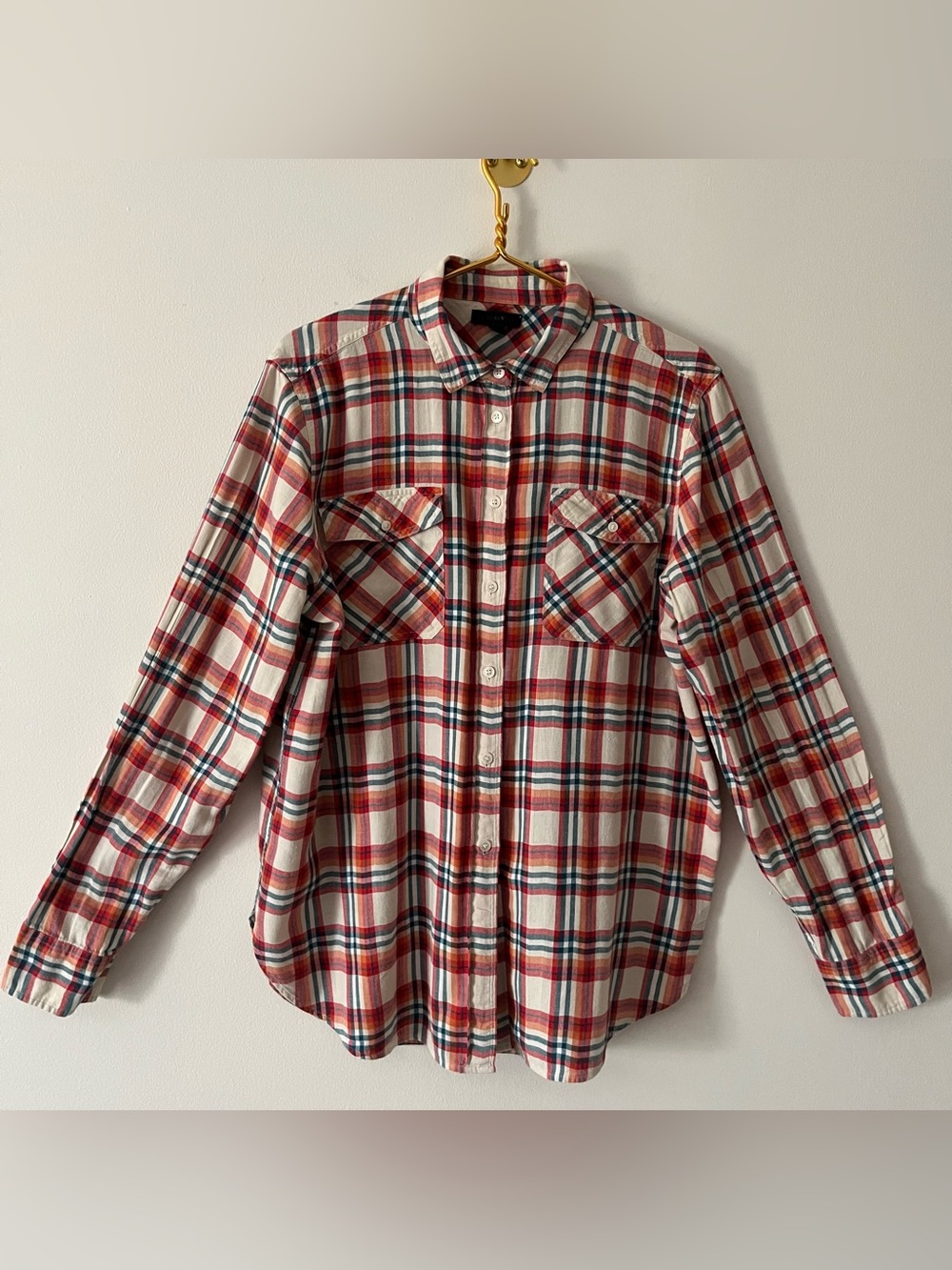 J. Crew Women's Cream Orange Green Red Plaid Light Flannel Button Up 16 Tall